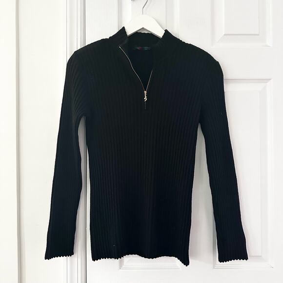 Bogner Sweaters - Bogner Black Ribbed Quarter Zip Fitted Wool Cashmere Pullover Sweater Medium